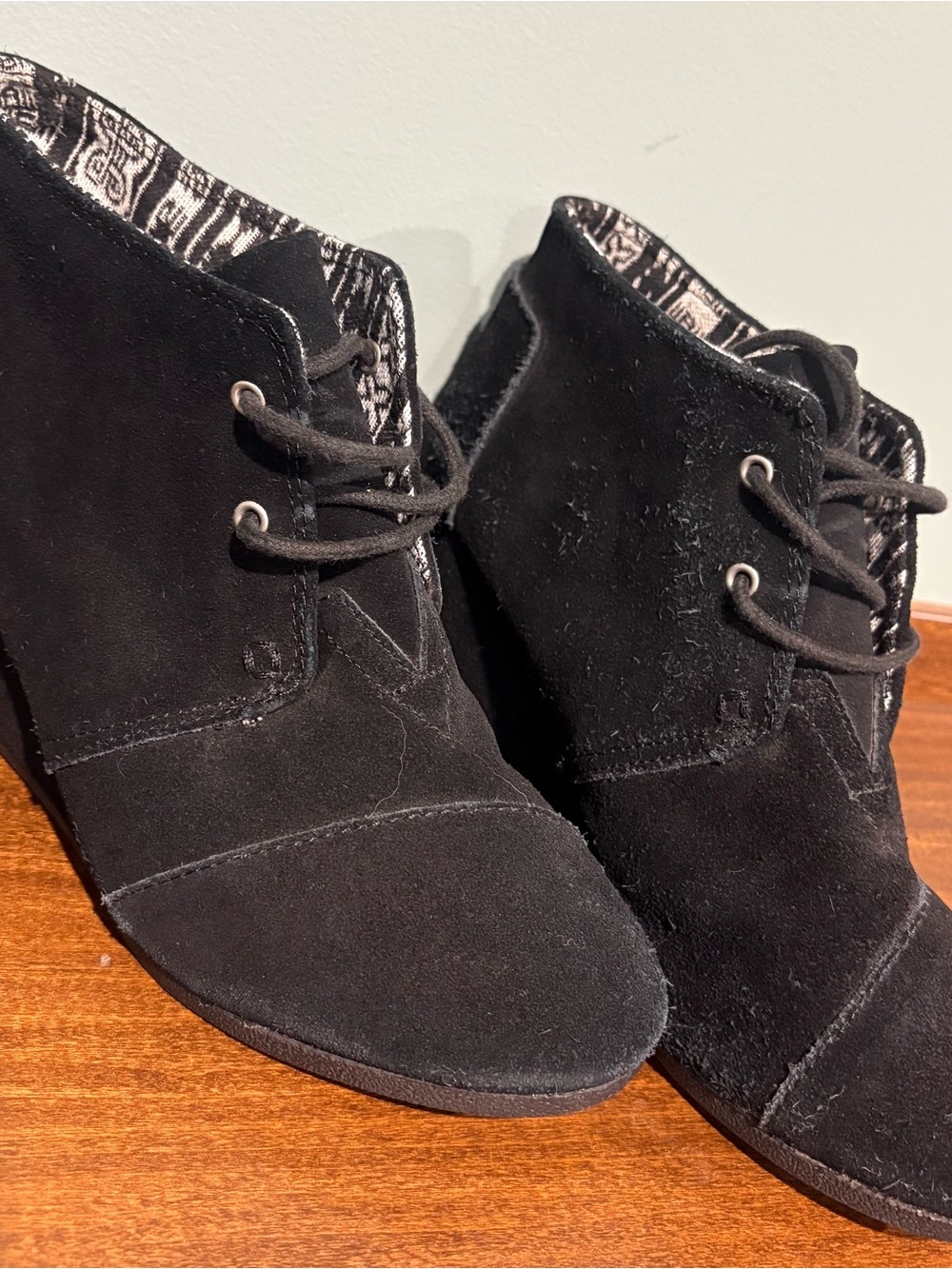 Toms Black Suede Lace-Up Ankle Booties with Patterned Lining
